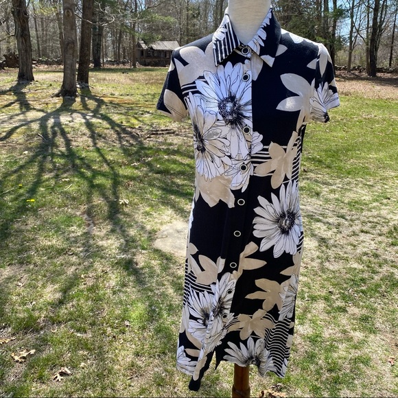 PETER ELLIOT SHIRT DRESS BLACK TAN FLORAL Italy size 44 US 8 - Picture 1 of 11
